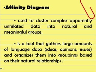 •Affinity Diagram

            - used to cluster complex apparently
        unrelated data into natural and
        meaningful groups.

             - is a tool that gathers large amounts
        of language data (ideas, opinions, issues)
        and organizes them into groupings based
        on their natural relationships .
ogy 1
 