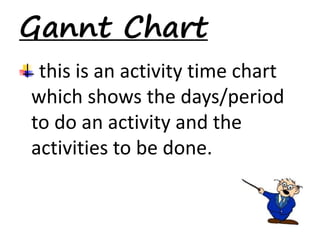 Gannt Chart 
this is an activity time chart 
which shows the days/period 
to do an activity and the 
activities to be done. 
 