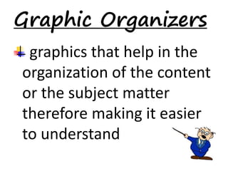 Graphic Organizers 
graphics that help in the 
organization of the content 
or the subject matter 
therefore making it easier 
to understand 
 