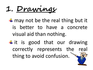 1. Drawings 
may not be the real thing but it 
is better to have a concrete 
visual aid than nothing. 
it is good that our drawing 
correctly represents the real 
thing to avoid confusion. 
 