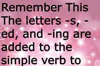 Remember This 
The letters -s, - 
ed, and -ing are 
added to the 
simple verb to 
 