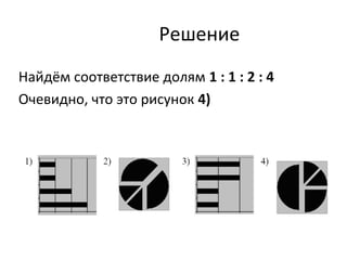 Решение
Найдём соответствие долям 1 : 1 : 2 : 4
Очевидно, что это рисунок 4)
 