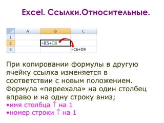 Excel. Ссылки.Относительные.
При копировании формулы в другую
ячейку ссылка изменяется в
соответствии с новым положением.
Формула «переехала» на один столбец
вправо и на одну строку вниз;
•имя столбца ↑ на 1
•номер строки ↑ на 1
 