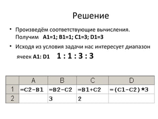 Решение
• Произведём соответствующие вычисления.
Получим А1=1; В1=1; С1=3; D1=3
• Исходя из условия задачи нас интересует диапазон
ячеек А1: D1 1 : 1 : 3 : 3
 