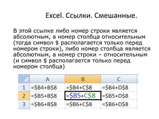 Excel. Ссылки. Смешанные.
В этой ссылке либо номер строки является
абсолютным, а номер столбца относительным
(тогда символ $ располагается только перед
номером строки), либо номер столбца является
абсолютным, а номер строки – относительным
(и символ $ располагается только перед
номером столбца)
 