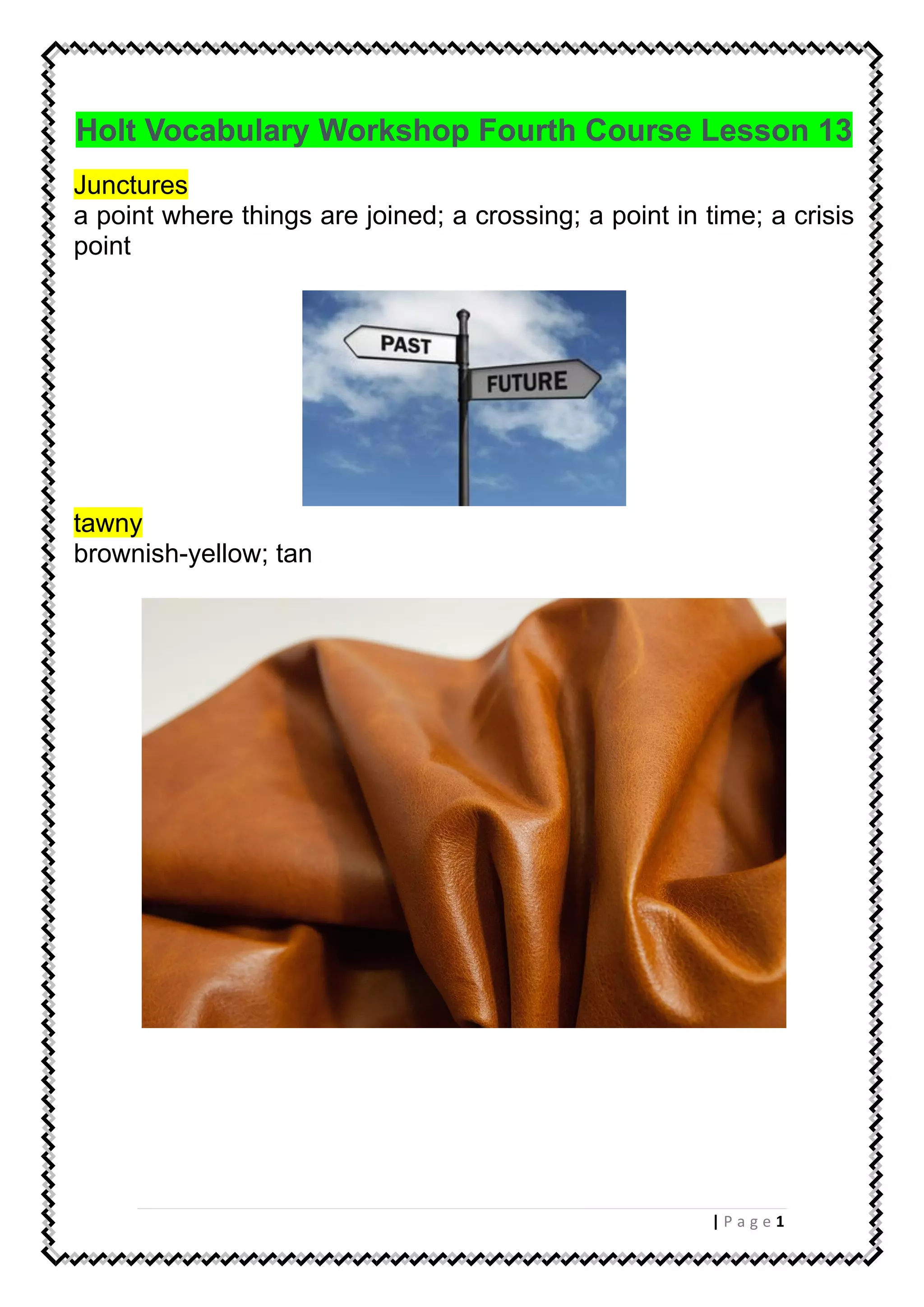 1| P a g e
Holt Vocabulary Workshop Fourth Course Lesson 13
Junctures
a point where things are joined; a crossing; a point in time; a crisis
point
tawny
brownish-yellow; tan