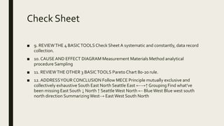 Check Sheet
■ 9. REVIEWTHE 4 BASICTOOLSCheck Sheet A systematic and constantly, data record
collection.
■ 10. CAUSEAND EFFECT DIAGRAM Measurement Materials Method analytical
procedure Sampling
■ 11. REVIEWTHE OTHER 3 BASICTOOLS Pareto Chart 80-20 rule.
■ 12. ADDRESSYOUR CONCLUSION Follow MECE Principle mutually exclusive and
collectively exhaustive South East North Seattle East ←→↑ Grouping Find what’ve
been missing East South ↓ North ↑ SeattleWest North ← BlueWest Blue west south
north direction SummarizingWest→ EastWest South North
 