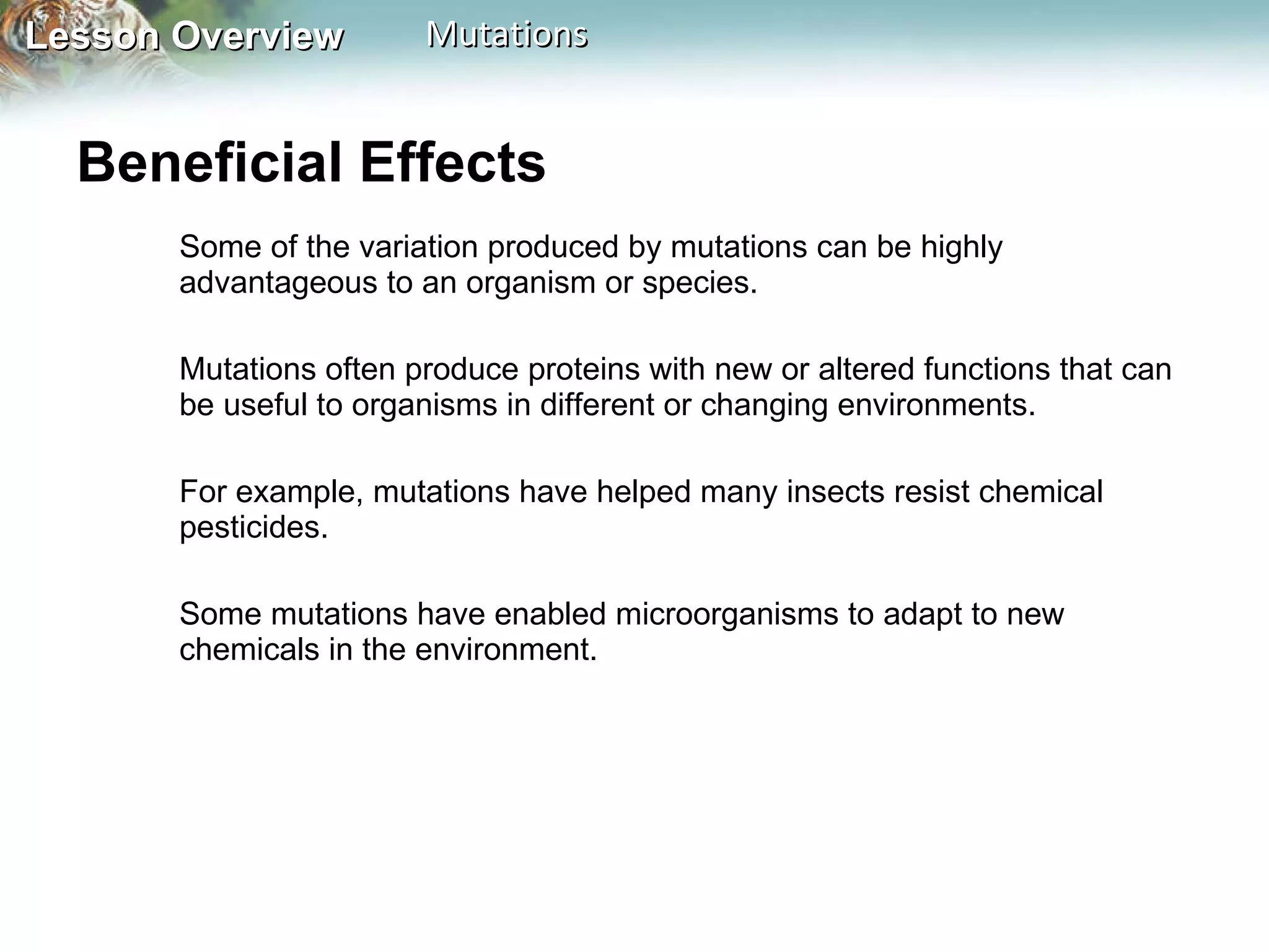 Beneficial Effects  Some of the variation produced by mutations can be highly advantageous to an organism or species.  Mutations often produce proteins with new or altered functions that can be useful to organisms in different or changing environments. For example, mutations have helped many insects resist chemical pesticides.  Some mutations have enabled microorganisms to adapt to new chemicals in the environment. 