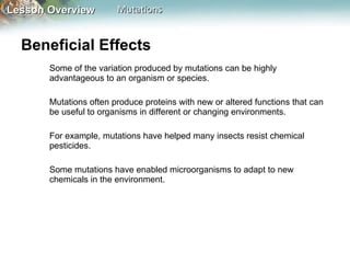 Beneficial Effects  Some of the variation produced by mutations can be highly advantageous to an organism or species.  Mutations often produce proteins with new or altered functions that can be useful to organisms in different or changing environments. For example, mutations have helped many insects resist chemical pesticides.  Some mutations have enabled microorganisms to adapt to new chemicals in the environment. 