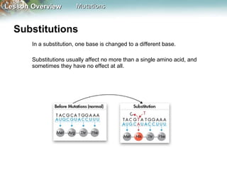 Substitutions  In a substitution, one base is changed to a different base.  Substitutions usually affect no more than a single amino acid, and sometimes they have no effect at all.  