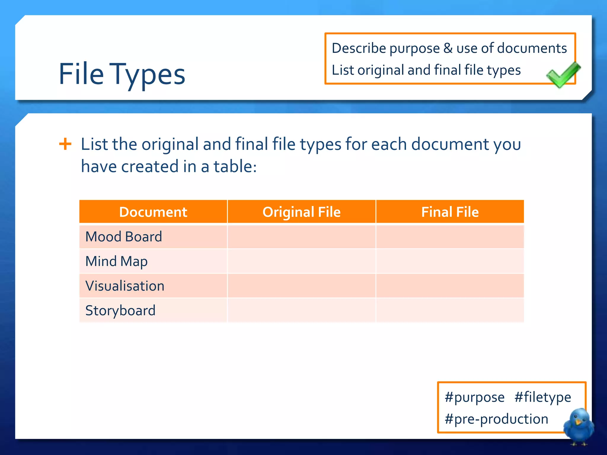 Describe purpose & use of documents
File Types List original and final file types
List the original and final file types for each document you
have created in a table:
Document Original File Final File
Mood Board
Mind Map
Visualisation
Storyboard
#purpose #filetype
#pre-production