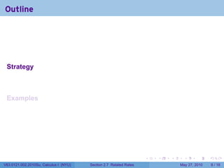 Outline




 Strategy



 Examples




                                                                    .   .   .     .      .     .

V63.0121.002.2010Su, Calculus I (NYU)   Section 2.7 Related Rates               May 27, 2010       8 / 18
 
