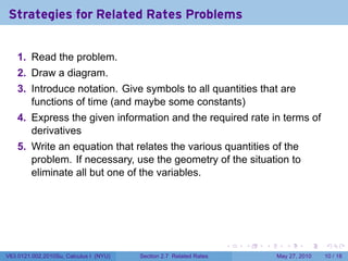 Strategies for Related Rates Problems


    1. Read the problem.
    2. Draw a diagram.
    3. Introduce notation. Give symbols to all quantities that are
       functions of time (and maybe some constants)
    4. Express the given information and the required rate in terms of
       derivatives
    5. Write an equation that relates the various quantities of the
       problem. If necessary, use the geometry of the situation to
       eliminate all but one of the variables.




                                                                    .   .   .      .      .    .

V63.0121.002.2010Su, Calculus I (NYU)   Section 2.7 Related Rates               May 27, 2010   10 / 18
 