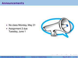 Announcements




           No class Monday, May 31
           Assignment 2 due
           Tuesday, June 1




                                                                    .   .   .     .      .     .

V63.0121.002.2010Su, Calculus I (NYU)   Section 2.7 Related Rates               May 27, 2010       2 / 18
 