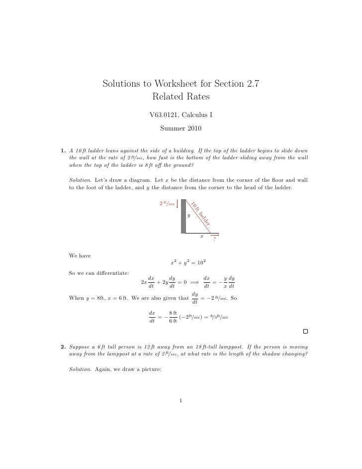 Lesson 13: Related Rates (worksheet solutions)