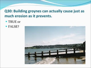 Q30: Building groynes can actually cause just as much erosion as it prevents.  TRUE or FALSE? 