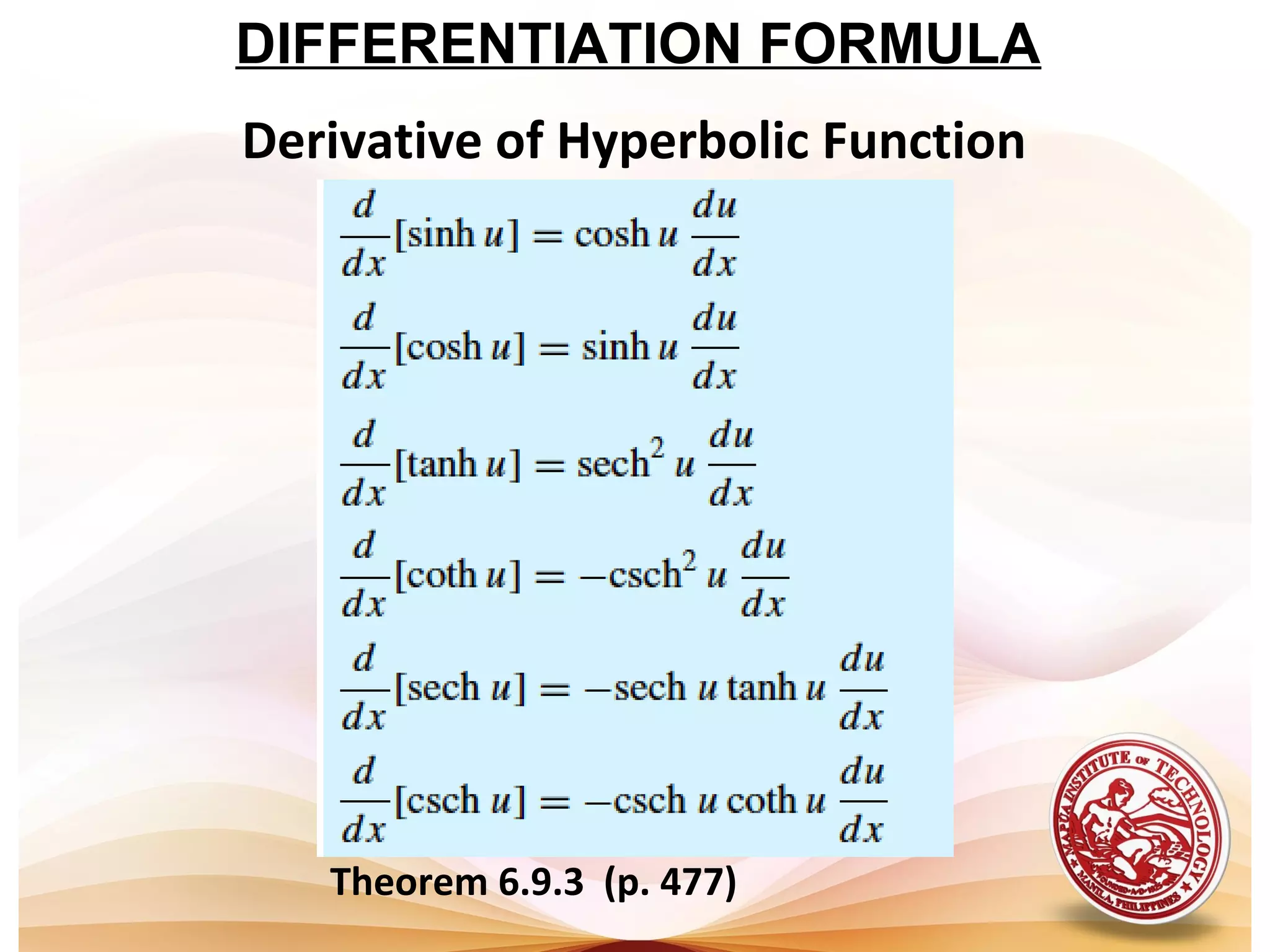 Theorem 6.9.3 (p. 477)
DIFFERENTIATION FORMULA
Derivative of Hyperbolic Function
 