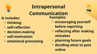 Intrapersonal
Communication
It includes:
• thinking
• self-reflection
• decision-making
• self-motivation
• emotional processing
Examples:
• encouraging yourself
before reporting
• reflecting after making
mistakes
• planning future goals
• deciding what to post
online
 