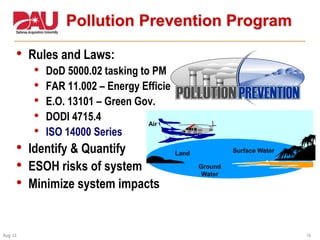 14Aug 11
Pollution Prevention Program
• Rules and Laws:
• DoD 5000.02 tasking to PM
• FAR 11.002 – Energy Efficiency/Preferred Materials
• E.O. 13101 – Green Gov.
• DODI 4715.4
• ISO 14000 Series
• Identify & Quantify
• ESOH risks of system
• Minimize system impacts
Land
Ground
Water
Surface Water
Air
 