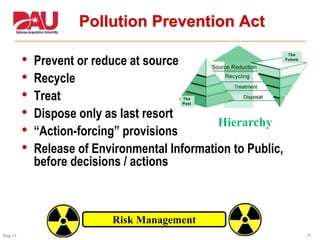 15Aug 11
• Prevent or reduce at source
• Recycle
• Treat
• Dispose only as last resort
• “Action-forcing” provisions
• Release of Environmental Information to Public,
before decisions / actions
Pollution Prevention Act
Risk Management
Hierarchy
 