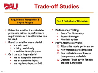 33Aug 11
Trade-off Studies
• Determine whether the material or
process is critical to performance
requirements or if an alternative can
be used.
• Based on whether new material:
• is a valid need
• is being used already
• is available in supply system
• Or if the existing material:
• has no acceptable alternative
• has an operational impact
• has regulatory impacts – O&S
Requirements Management &
Logical Analysis
Test & Evaluation of Alternatives
• Performance Testing
• Bench Test / Laboratory
• Process Prototype
• Field Test by User
• Prove Alternative Works
 Alternative meets performance
 New materials are compatible
 New materials are not worse
than previous materials
 Operator / User buy-in for new
process & materials
 