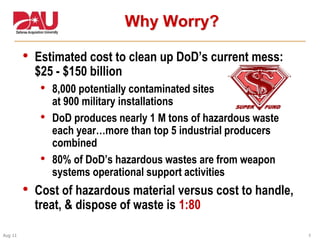 5Aug 11
Why Worry?
• Estimated cost to clean up DoD’s current mess:
$25 - $150 billion
• 8,000 potentially contaminated sites
at 900 military installations
• DoD produces nearly 1 M tons of hazardous waste
each year…more than top 5 industrial producers
combined
• 80% of DoD’s hazardous wastes are from weapon
systems operational support activities
• Cost of hazardous material versus cost to handle,
treat, & dispose of waste is 1:80
 
