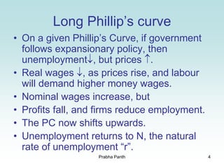 4
Long Phillip’s curve
• On a given Phillip’s Curve, if government
follows expansionary policy, then
unemployment, but prices .
• Real wages , as prices rise, and labour
will demand higher money wages.
• Nominal wages increase, but
• Profits fall, and firms reduce employment.
• The PC now shifts upwards.
• Unemployment returns to N, the natural
rate of unemployment “r”.
Prabha Panth
 
