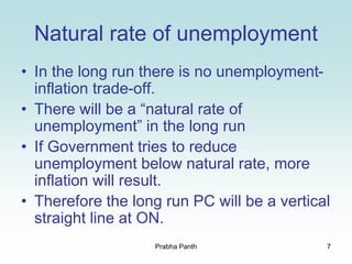 7
Natural rate of unemployment
• In the long run there is no unemployment-
inflation trade-off.
• There will be a “natural rate of
unemployment” in the long run
• If Government tries to reduce
unemployment below natural rate, more
inflation will result.
• Therefore the long run PC will be a vertical
straight line at ON.
Prabha Panth
 
