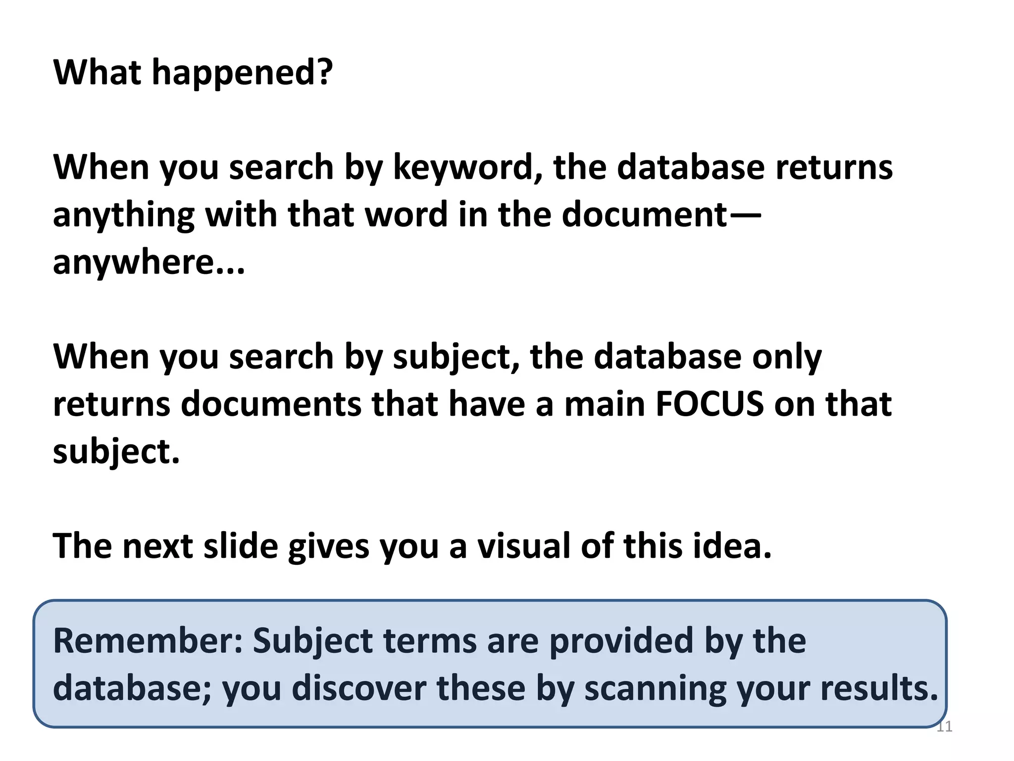 What happened?
When you search by keyword, the database returns
anything with that word in the document—
anywhere...
When you search by subject, the database only
returns documents that have a main FOCUS on that
subject.

The next slide gives you a visual of this idea.
Remember: Subject terms are provided by the
database; you discover these by scanning your results.
11

 