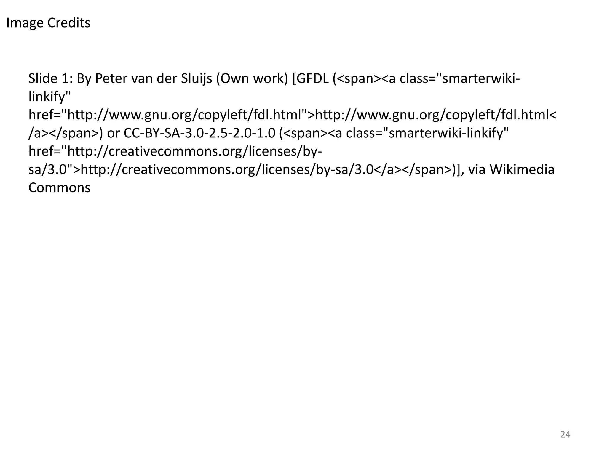 Image Credits

Slide 1: By Peter van der Sluijs (Own work) [GFDL (<span><a class="smarterwikilinkify"
href="http://www.gnu.org/copyleft/fdl.html">http://www.gnu.org/copyleft/fdl.html<
/a></span>) or CC-BY-SA-3.0-2.5-2.0-1.0 (<span><a class="smarterwiki-linkify"
href="http://creativecommons.org/licenses/bysa/3.0">http://creativecommons.org/licenses/by-sa/3.0</a></span>)], via Wikimedia
Commons

24

 