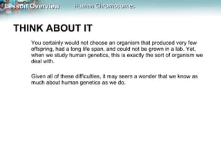 THINK ABOUT IT  You certainly would not choose an organism that produced very few offspring, had a long life span, and could not be grown in a lab. Yet, when we study human genetics, this is exactly the sort of organism we deal with.  Given all of these difficulties, it may seem a wonder that we know as much about human genetics as we do. 