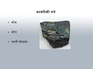 अवस्फिटिकी रूपे
• कोक
• कोल
• दर्गडी कोळसार्
 