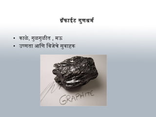 ग्रॅफाईट गुणधर्म र्म
• काळे, गुळगुळीत , म ऊ
• उष्णता आणिण िविजेचे सुविाहक
 