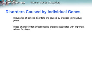 Disorders Caused by Individual Genes  Thousands of genetic disorders are caused by changes in individual genes.  These changes often affect specific proteins associated with important cellular functions. 