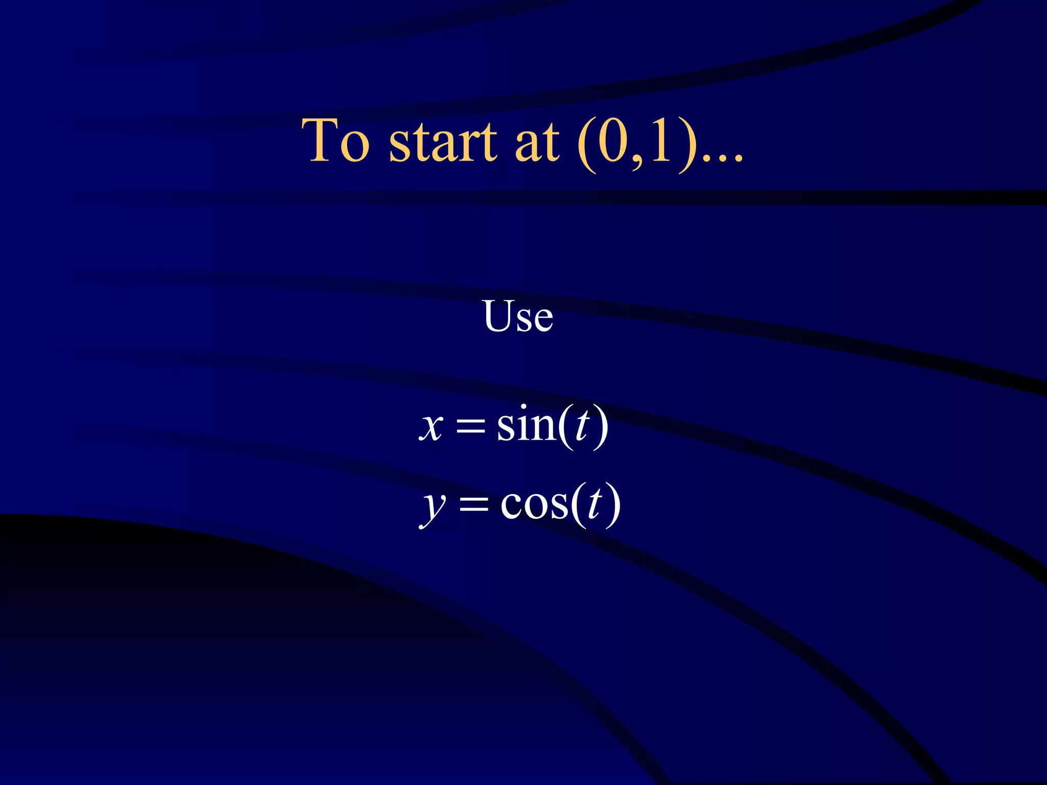 To start at (0,1)...

        Use

     x = sin(t )
     y = cos(t )
 