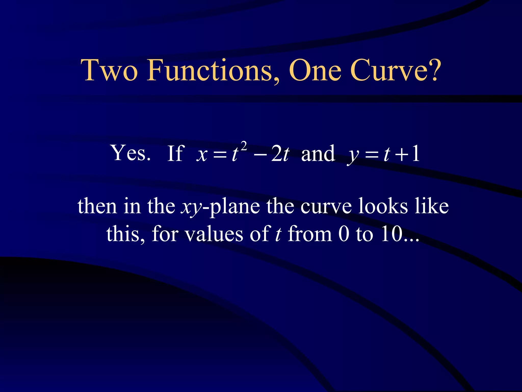 Two Functions, One Curve?

   Yes. If x = t − 2t and y = t + 1
                  2



then in the xy-plane the curve looks like
   this, for values of t from 0 to 10...
 