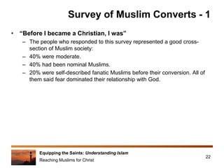 Equipping the Saints: Understanding Islam
Reaching Muslims for Christ
Survey of Muslim Converts - 1
• “Before I became a Christian, I was”
– The people who responded to this survey represented a good cross-
section of Muslim society:
– 40% were moderate.
– 40% had been nominal Muslims.
– 20% were self-described fanatic Muslims before their conversion. All of
them said fear dominated their relationship with God.
22
 