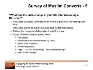 Equipping the Saints: Understanding Islam
Reaching Muslims for Christ
Survey of Muslim Converts - 5
• “What was the main change in your life after becoming a
Christian?”
– 40% were attracted to the reality of having a personal relationship with
God.
– 30% were drawn to the love of God and his fatherly nature.
– 25% of the responses talked about relief from fear.
– Some of the comments added were:
• “free at last”
• “My mind has been transformed by Christ.”
• “smile, love, tolerance,”
• “joy and happiness,”
• “hope.” “My life! Everything! I am a different being!”
• “180º = total change.”
25
 
