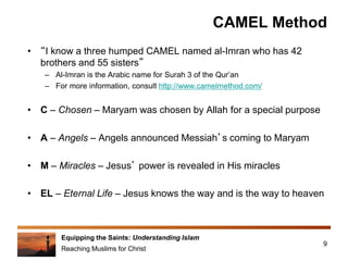 Equipping the Saints: Understanding Islam
Reaching Muslims for Christ
CAMEL Method
• “I know a three humped CAMEL named al-Imran who has 42
brothers and 55 sisters”
– Al-Imran is the Arabic name for Surah 3 of the Qur’an
– For more information, consult http://www.camelmethod.com/
• C – Chosen – Maryam was chosen by Allah for a special purpose
• A – Angels – Angels announced Messiah’s coming to Maryam
• M – Miracles – Jesus’ power is revealed in His miracles
• EL – Eternal Life – Jesus knows the way and is the way to heaven
9
 