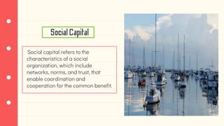 Social capital refers to the
characteristics of a social
organization, which include
networks, norms, and trust, that
enable coordination and
cooperation for the common benefit.
SocialCapital
 