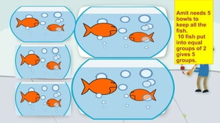 Amit needs 5
bowls to
keep all the
fish.
10 fish put
into equal
groups of 2
gives 5
groups.
 