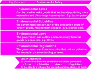 Definition:
Environmental Taxes
Can be used to make goods that are heavily polluting more
expensive and discourage consumption. E.g. tax on petrol
Definition:
Environmental Subsidies
the government can pay part of the production costs of
‘green’ goods, making them cheaper . E.g. electric cars.
Definition:
Environmental Laws
The government can outlaw environmentally harmful
goods or chemicals, e.g. CFCs.
Definition:
Environmental Regulations
The government can introduce rules that reduce pollution.
For example, a carbon trading scheme.
Key Concept: Environmental Policy
Lesson Objectives:
To understand how the environment can be protected:
• Taxes • Subsidies •Laws • Regulations
To be able to evaluate the strengths and weakness of each
 