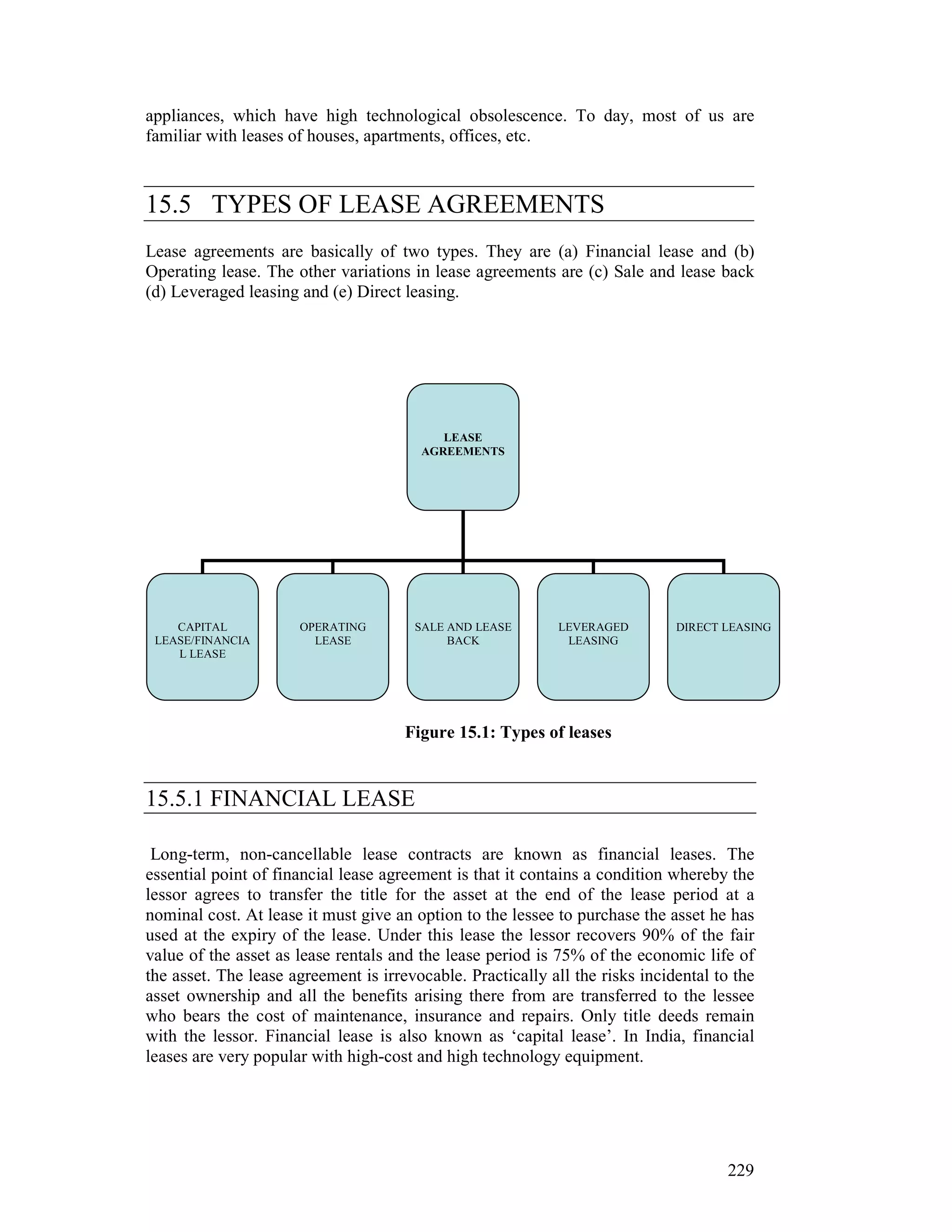 appliances, which have high technological obsolescence. To day, most of us are
familiar with leases of houses, apartments, offices, etc.



15.5 TYPES OF LEASE AGREEMENTS
Lease agreements are basically of two types. They are (a) Financial lease and (b)
Operating lease. The other variations in lease agreements are (c) Sale and lease back
(d) Leveraged leasing and (e) Direct leasing.




                                           LEASE
                                        AGREEMENTS




    CAPITAL           OPERATING        SALE AND LEASE        LEVERAGED        DIRECT LEASING
 LEASE/FINANCIA         LEASE               BACK              LEASING
    L LEASE




                                      Figure 15.1: Types of leases


15.5.1 FINANCIAL LEASE

 Long-term, non-cancellable lease contracts are known as financial leases. The
essential point of financial lease agreement is that it contains a condition whereby the
lessor agrees to transfer the title for the asset at the end of the lease period at a
nominal cost. At lease it must give an option to the lessee to purchase the asset he has
used at the expiry of the lease. Under this lease the lessor recovers 90% of the fair
value of the asset as lease rentals and the lease period is 75% of the economic life of
the asset. The lease agreement is irrevocable. Practically all the risks incidental to the
asset ownership and all the benefits arising there from are transferred to the lessee
who bears the cost of maintenance, insurance and repairs. Only title deeds remain
with the lessor. Financial lease is also known as ‘capital lease’. In India, financial
leases are very popular with high-cost and high technology equipment.




                                                                                      229
 