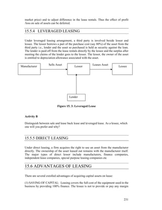 market price) and to adjust difference in the lease rentals. Thus the effect of profit
   /loss on sale of assets can be deferred.

   15.5.4 LEVERAGED LEASING

   Under leveraged leasing arrangement, a third party is involved beside lessor and
   lessee. The lessor borrows a part of the purchase cost (say 80%) of the asset from the
   third party i.e., lender and the asset so purchased is held as security against the loan.
   The lender is paid off from the lease rentals directly by the lessee and the surplus after
   meeting the claims of the lender goes to the lessor. The lessor, the owner of the asset
   is entitled to depreciation allowance associated with the asset.

                       Sells Asset                           Leases Asset
Manufacturer                                  Lessor                                Lessee
  L




                                         Lender


                               Figure 15. 3: Leveraged Lease


   Activity B

   Distinguish between sale and lease back lease and leveraged lease. As a lessee, which
   one will you prefer and why?


   15.5.5 DIRECT LEASING

   Under direct leasing, a firm acquires the right to use an asset from the manufacturer
   directly. The ownership of the asset leased out remains with the manufacturer itself.
   The major types of direct lessor include manufacturers, finance companies,
   independent lease companies, special purpose leasing companies etc

   15.6 ADVANTAGES OF LEASING

   There are several extolled advantages of acquiring capital assets on lease:

   (1) SAVING OF CAPITAL: Leasing covers the full cost of the equipment used in the
   business by providing 100% finance. The lessee is not to provide or pay any margin



                                                                                         231
 