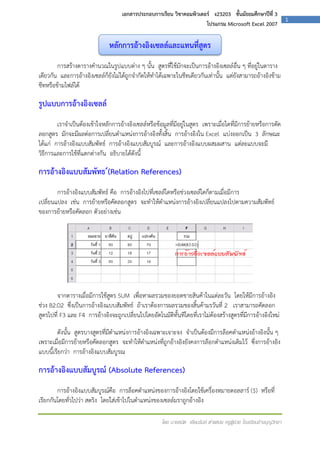 เอกสารประกอบการเรียน วิชาคอมพิวเตอร์ ง23203 ชั้นมัธยมศึกษาปีที่ 3
โปรแกรม Microsoft Excel 2007

หลักการอ้างอิงเซลล์และแทนที่สตร
ู
การสร้างตารางคานวณในรูปแบบต่าง ๆ นั้น สูตรที่ใช้มักจะเป็นการอ้างอิงเซลล์อื่น ๆ ที่อยู่ในตาราง
เดียวกัน และการอ้างอิงเซลล์ก็ยังไม่ได้ถูกจากัดให้ทาได้เฉพาะในชีทเดียวกันเท่านั้น แต่ยังสามารถอ้างอิงข้าม
ชีทหรือข้ามไฟล์ได้

รูปแบบการอ้างอิงเซลล์
เราจาเป็นต้องเข้าใจหลักการอ้างอิงเซลล์หรือข้อมูลที่มีอยู่ในสูตร เพราะเมื่อใดที่มีการย้ายหรือการตัด
ลอกสูตร มักจะมีผลต่อการเปลี่ยนตาแหน่งการอ้างอิงทั้งสิ้น การอ้างอิงใน Excel แบ่งออกเป็น 3 ลักษณะ
ได้แก่ การอ้างอิงแบบสัมพัทธ์ การอ้างอิงแบบสัมบูรณ์ และการอ้างอิงแบบผสมผสาน แต่ละแบบจะมี
วิธีการและการใช้ที่แตกต่างกัน อธิบายได้ดังนี้

การอ้างอิงแบบสัมพัทธ ์(Relation References)
การอ้างอิงแบบสัมพัทธ์ คือ การอ้างอิงไปที่เซลล์ใดหรือช่วงเซลล์ใดก็ตามเมื่อมีการ
เปลี่ยนแปลง เช่น การย้ายหรือคัดลอกสูตร จะทาให้ตาแหน่งการอ้างอิงเปลี่ยนแปลงไปตามความสัมพัทธ์
ของการย้ายหรือคัดลอก ตัวอย่างเช่น

จากตารางเมื่อมีการใช้สูตร SUM เพื่อหาผลรวมของยอดขายสินค้าในแต่ละวัน โดยให้มีการอ้างอิง
ช่วง B2:D2 ซึ่งเป็นการอ้างอิงแบบสัมพัทธ์ ถ้าเราต้องการผลรวมของสิ้นค้ามรวันที่ 2 เราสามารถคัดลอก
สูตรไปที่ F3 และ F4 การอ้างอิงจะถูกเปลี่ยนไปโดยอัตโนมัติทั้นทีโดยที่เราไม่ต้องสร้างสูตรที่มีการอ้างอิงใหม่
ดังนั้น สูตรบางสูตรที่มีตาแหน่งการอ้างอิงเฉพาะเจาะจง จาเป็นต้องมีการล๊อคตาแหน่งอ้างอิงนั้น ๆ
เพราะเมื่อมีการย้ายหรือคัดลอกสูตร จะทาให้ตาแหน่งที่ถูกอ้างอิงยังคงการล๊อกตาแหน่งเดิมไว้ ซึ่งการอ้างอิง
แบบนี้เรียกว่า การอ้างอิงแบบสัมบูรณ์

การอ้างอิงแบบสัมบูรณ์ (Absolute References)
การอ้างอิงแบบสัมบูรณ์คือ การล็อคตาแหน่งของการอ้างอิงโดยใช้เครื่องหมายดอลลาร์ ($) หรือที่
เรียกกันโดยทั่วไปว่า สตริง โดยใส่เข้าไปในตาแหน่งของเซลล์มราถูกอ้างอิง
โดย นายธนิต เยี่ยมรัมย์ ตาแหน่ง ครูผู้ช่วย โรงเรียนช้างบุญวิทยา

1

 