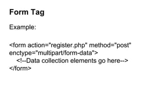 Form Tag
Example:
<form action="register.php" method="post"
enctype="multipart/form-data">
<!--Data collection elements go here-->
</form>
 