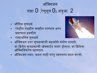 ऑक्सित्क्सजन
संज्ञा 0 ,रेणुसूत 02 ,संयुजा 2
• भौतित्तिक गुणधर्मर्व
• रंगहीन गंधर्हीन चवहीन पाण्याति अस्तल्प
प्रमाणाति द्रवणीय
• रासायित्नक गुणधर्मर्व
• ऑक्सित्क्सजन इतिर मुलद्रव्यांशी सहजतिेने संयोग पावतिो.
या िक्रियेति मुलद्रव्याची ऑक्सक्साईड तियार होतिाति. या िक्रियेला
ऑक्सित्क्सित्डकरण म्हणतिाति.
• ऑक्सित्क्सजन स्वति: जळति नाही परंतिु ज्वलनास मदिति करतिो.
 