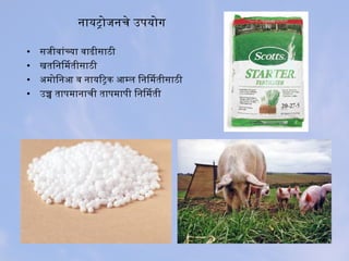नायट्रोजनचे उपयोग
• सिजीवांच्या वाढीसिाठी
• खतिजननिमतीसिाठी
• अमोिजननआ व नायिट्रक आम्ल िजननिमतीसिाठी
• उच्च तापमानाची तापमापी िजननिमती
 