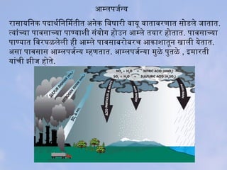 आम्लपरजर्कन्य
रिासायिनक परदाथनर्किनिमतीत अनेक िविषारिी विायू विाताविरिणात सोडले जातात.
त्यांच्या पराविसाच्या पराण्याशी संयोग होउन आम्ले तयारि होतात. पराविसाच्या
पराण्यात िविरिघळलेली ही आम्ले पराविसाबिरिोबिरिच आकाशातून खाली येतात.
असा पराविसास आम्लपरजर्कन्य म्हणतात. आम्लपरजर्कन्या मुळे परुतळे , इमारिती
यांची झीज होते.
 