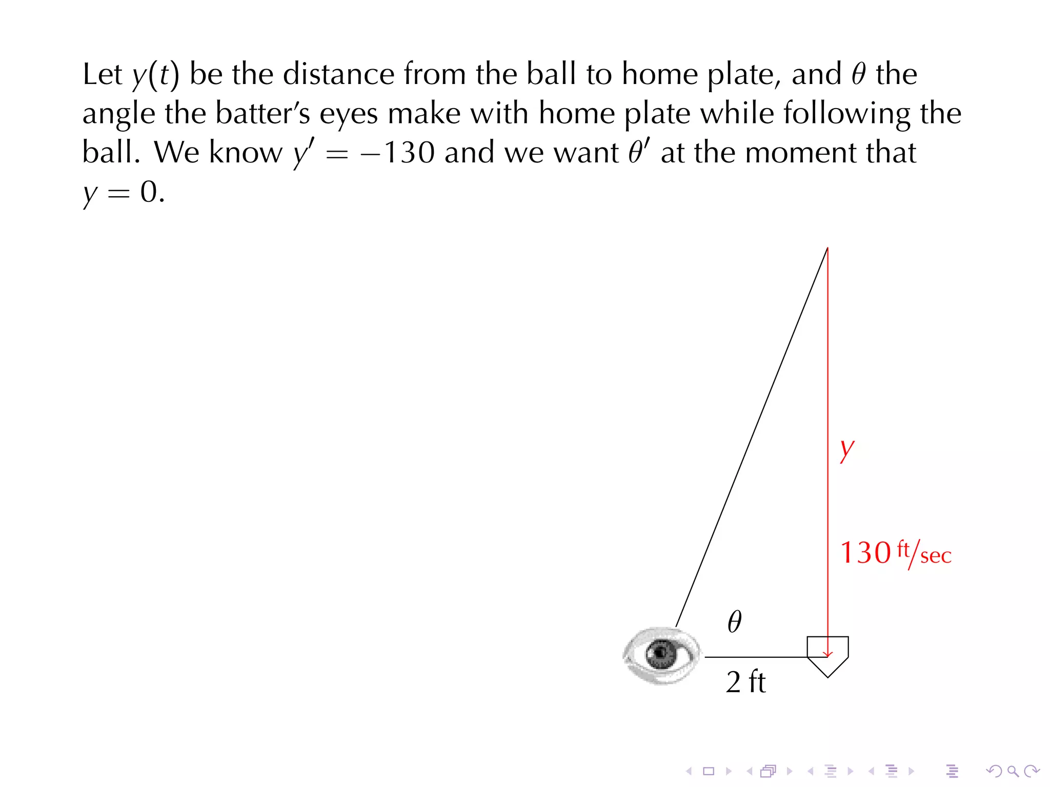 Let y(t) be	the	distance	from	the	ball	to	home	plate, and θ the
angle	the	batter’s	eyes	make	with	home	plate	while	following	the
ball. We	know y′ = −130 and	we	want θ′ at	the	moment	that
y = 0.




                                                              y
                                                              .


                                                              1
                                                              . 30 ft/sec

                                                   .
                                                   θ
                                           .
                                       .           2
                                                   . ft

                                               .    .     .       .   .     .
 